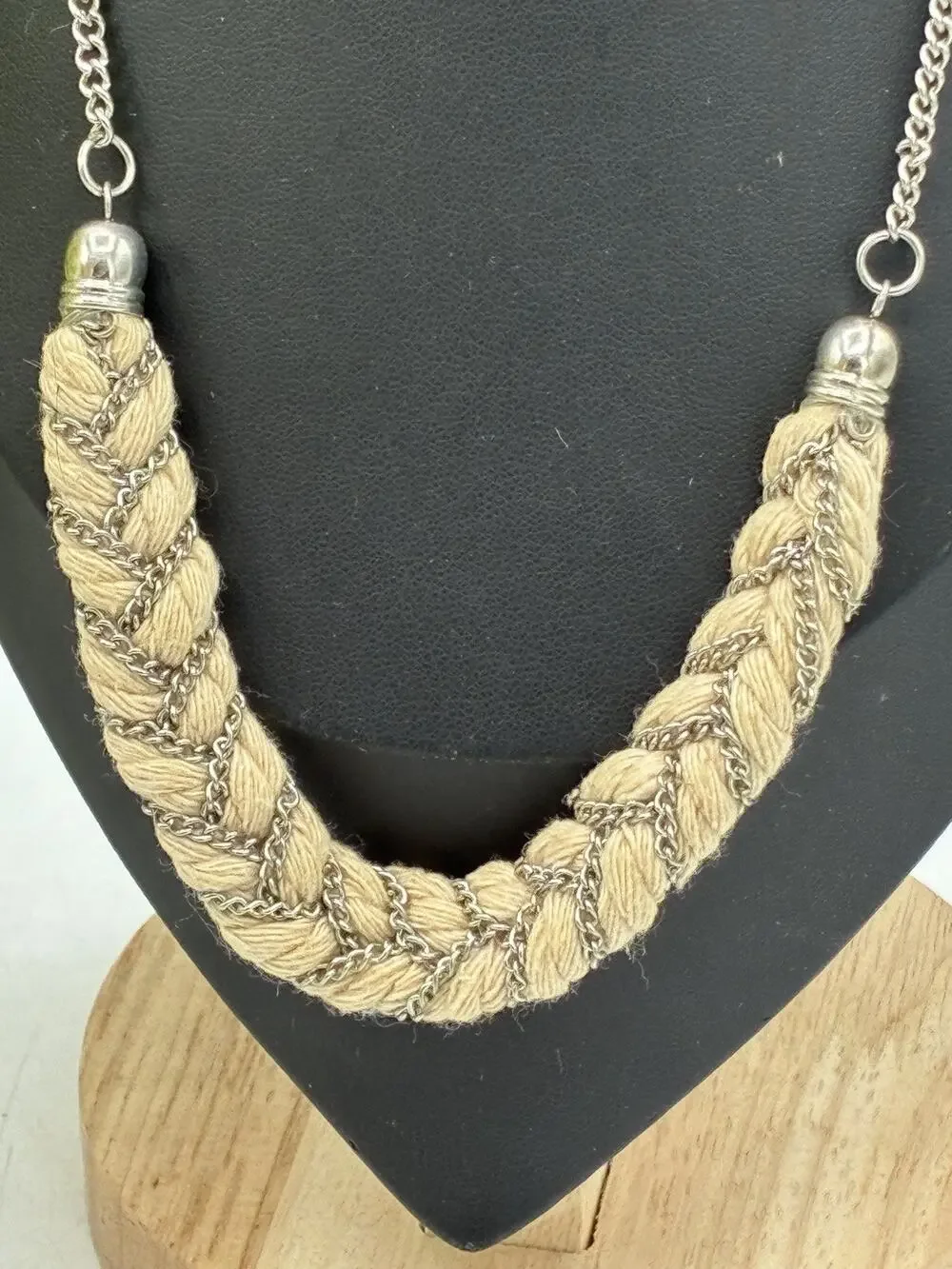 Vintage Braided Rope Chain Statement Necklace Silver Tone Boho 16 Inch